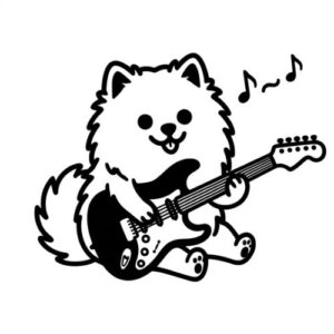 ギターを弾くポメラニアンのイラスト（ギターハック運営者のアバター）